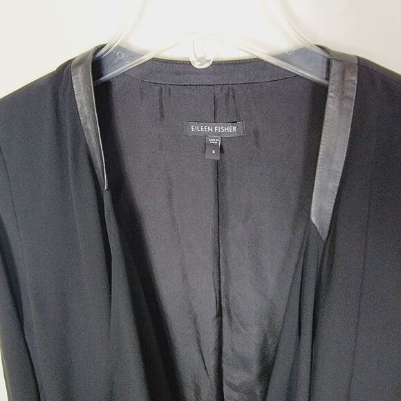 Eileen Fisher 100% Silk Chiffon Drape Front Blazer Leather Trim Black Small - Picture 4 of 12